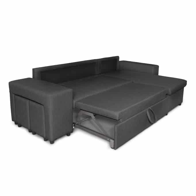 L200PAC - Canapé d'angle convertible coffre pouf et étagère en tissu