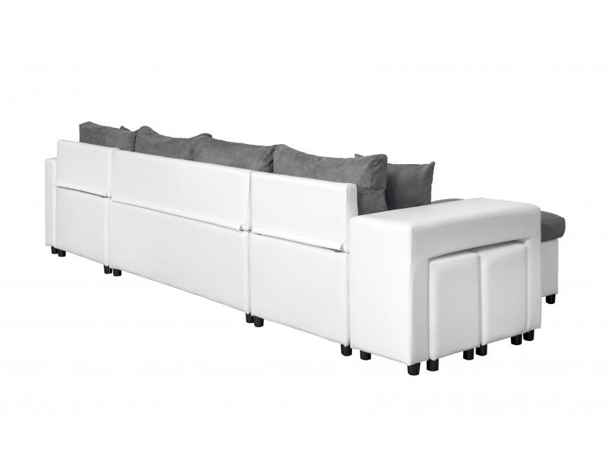 L200U PLUS - Canapé panoramique convertible avec 2 coffres et 2 poufs en simili et tissu