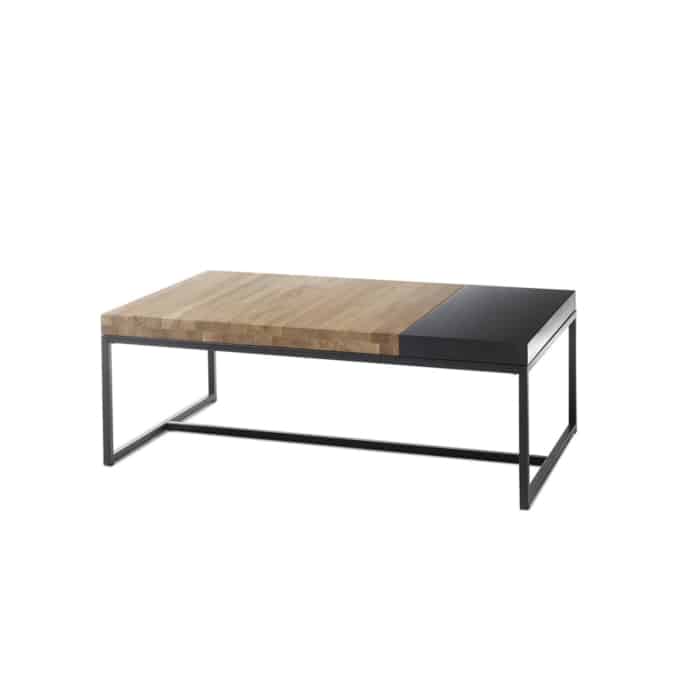 INDIRA - Table basse 107 cm en chêne massif avec pieds noirs et plateau amovible