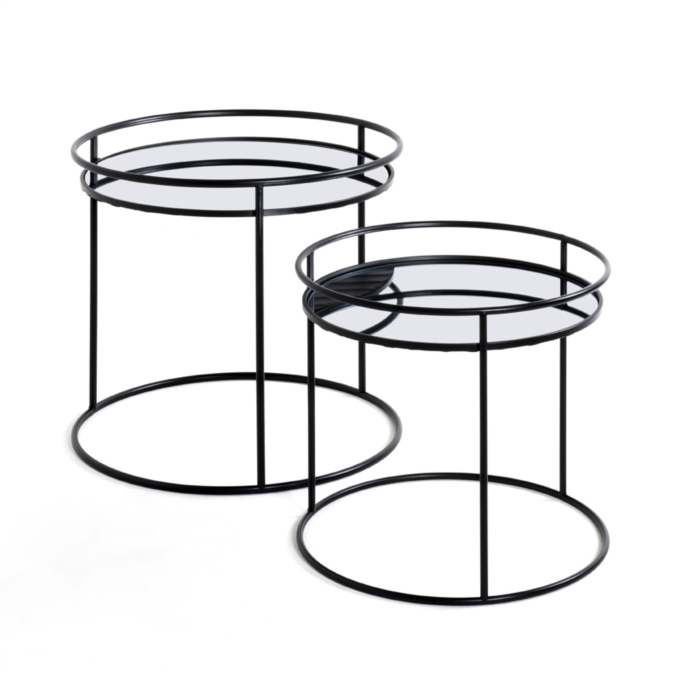 GOYA - Set de 2 tables basses en métal noir et plateaux en verre effet miroir