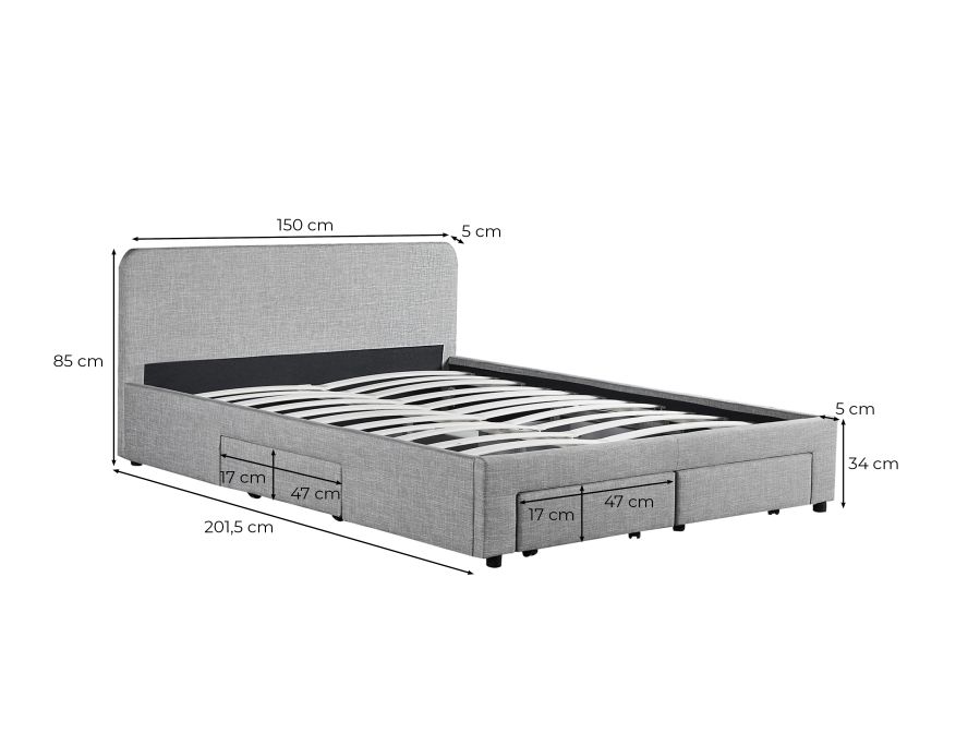 DRAWY - Cadre de lit avec 1 tiroir à gauche, 1 tiroir à droite et 2 tiroirs frontaux en tissu