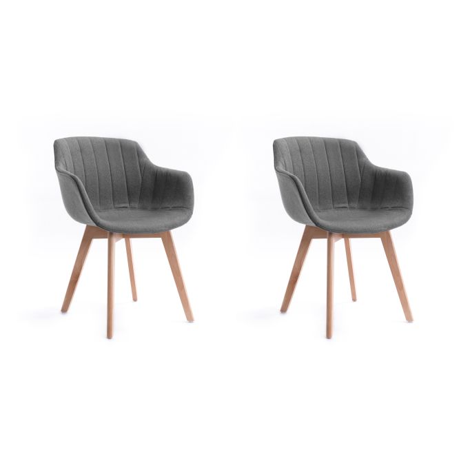 YVANO - Lot de 2 chaises accoudoirs à rayures en tissu avec pieds en hêtre naturel