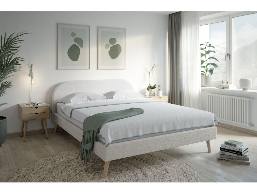 SOMN - Cadre de lit scandinave avec tête de lit et sommier à lattes en tissu bouclette