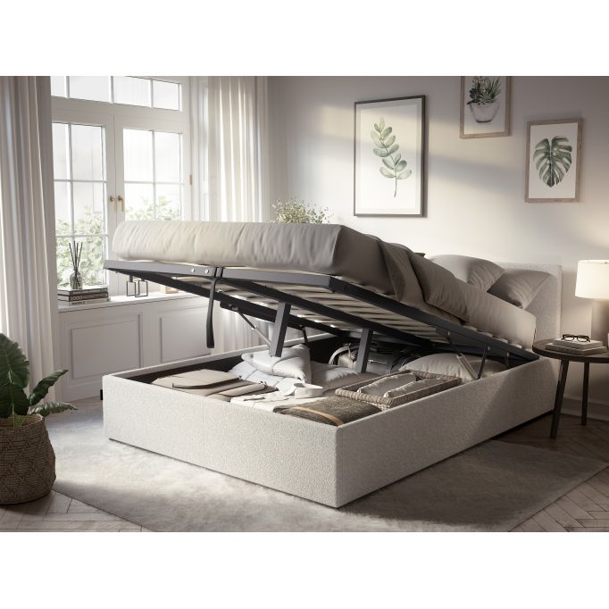 MAJESTIC - Cadre de lit avec coffre de rangement et tête de lit en tissu bouclette