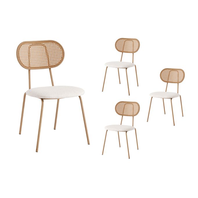 KANOPE - Lot de 4 chaises en cannage et assise tissu avec pieds métal