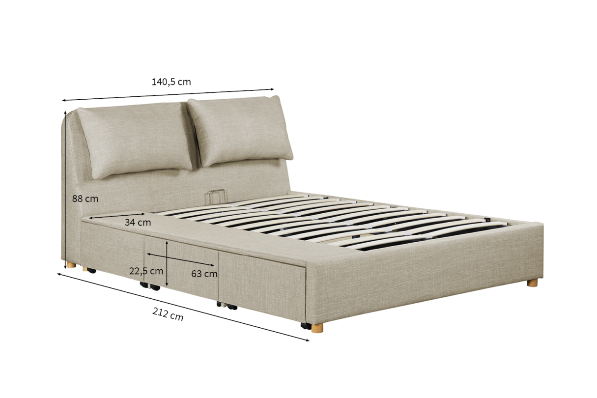 1313 - Cadre de lit avec coffre tiroir latéral en tissu