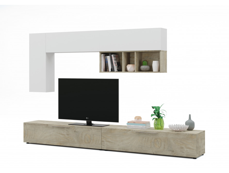 Meuble TV 2 portes L260cm et étagère murale blanc L210 cm